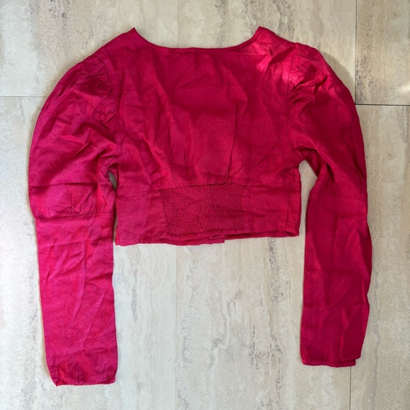 RAHI Pink Lightweight Jacquard Long Sleeve Crop Top Pearl Buttons Square Neck - Picture 4 of 5